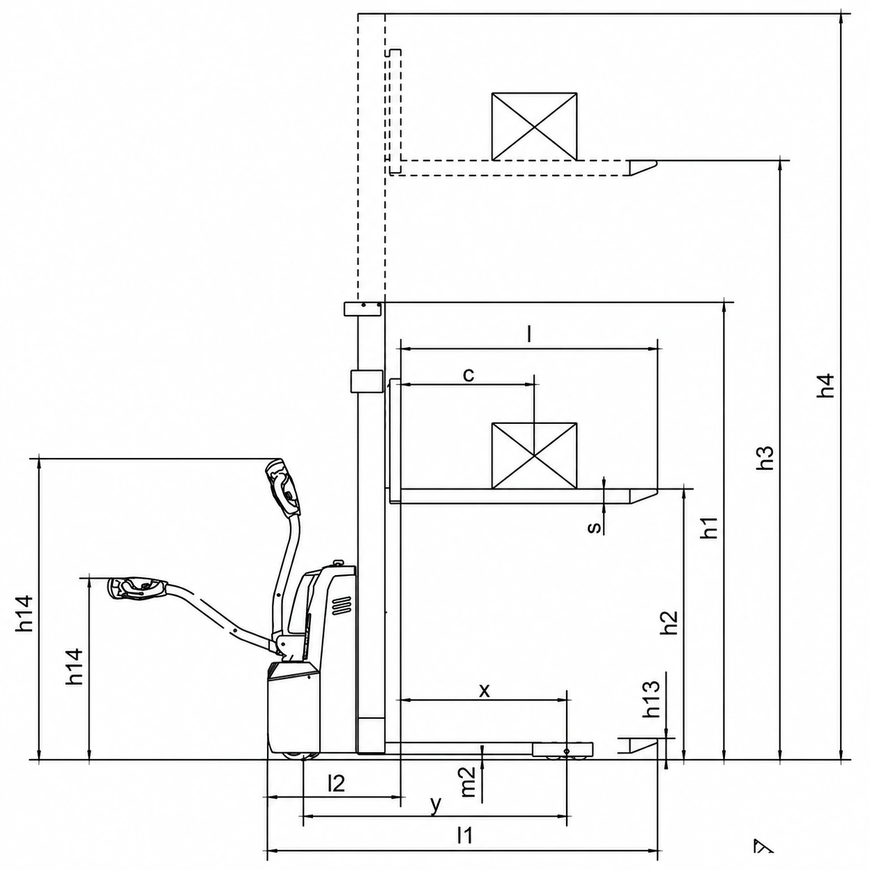 Maßzeichnung des Elektro-Hochhubwagens EVV10B/EVV12B/EVV15B