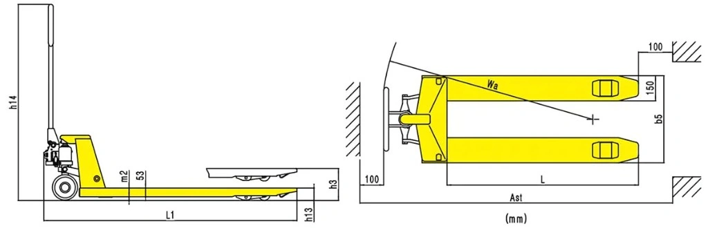 Abmessungen des Handhubwagens RPV2000E mit 2.000 kg Tragfähigkeit