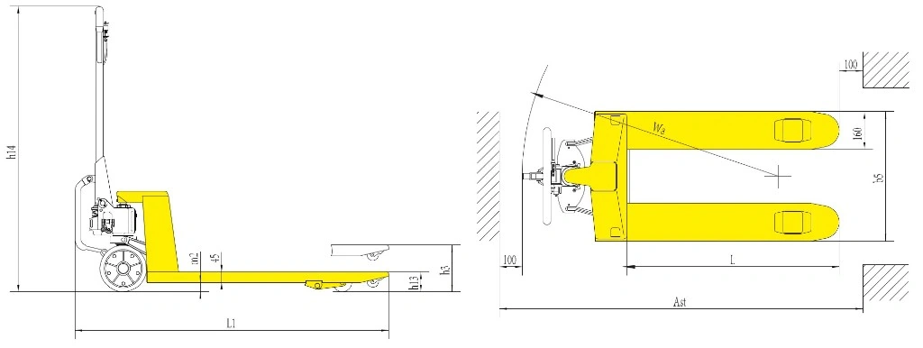 Abmessungen des Handhubwagens RPVM2500 mit mechanischer Fahrunterstützung