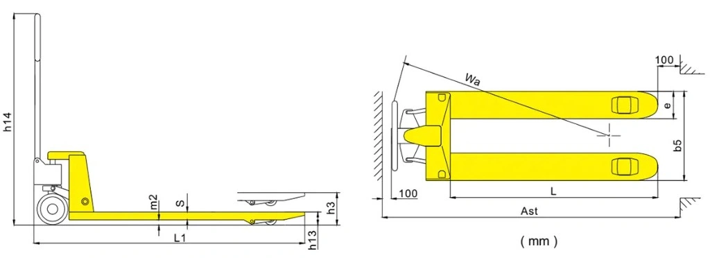 Maßzeichnung des Standard-Handhubwagens RPV2500STD/RPV3000STD