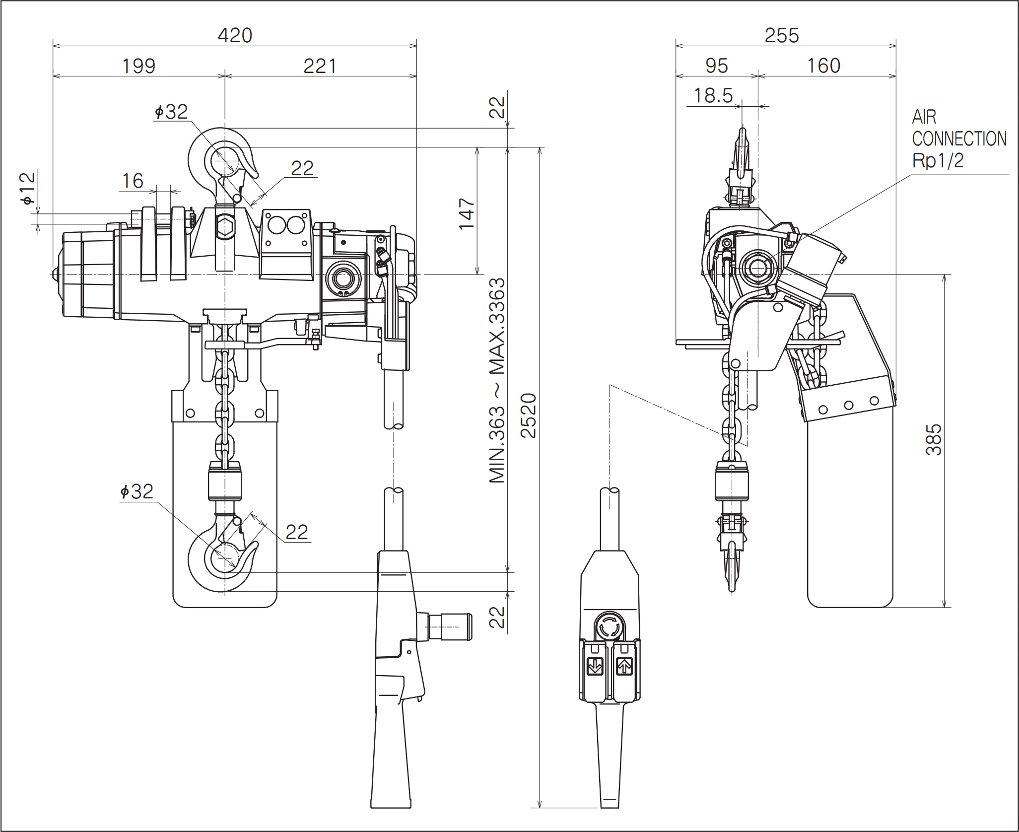 Kompakter ENDO ATEX-Druckluft-Kettenzug der EHV-Serie